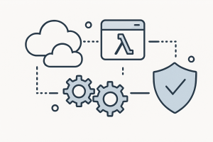 NoOps workflow diagram showing automated cloud infrastructure, serverless platforms, and policy-driven operations replacing manual IT tasks