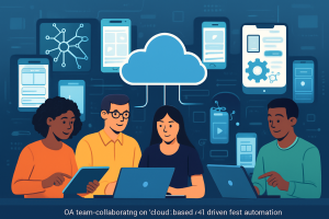 QA team using cloud-based and AI-driven mobile app test automation tools on multiple devices