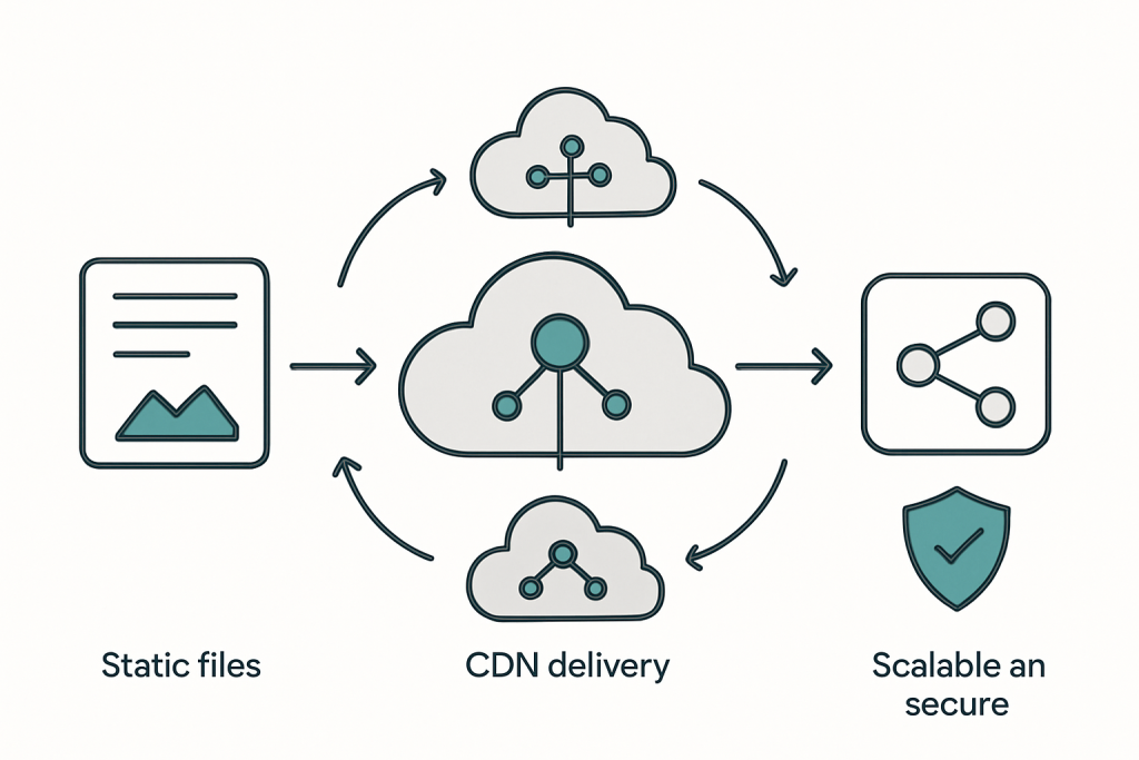 Jamstack website diagram showing static site generation, CDN delivery, and API integrations for scalable, secure performance