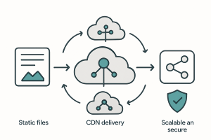 Jamstack website diagram showing static site generation, CDN delivery, and API integrations for scalable, secure performance