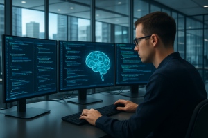 Developer overseeing AI-generated code for quality and security