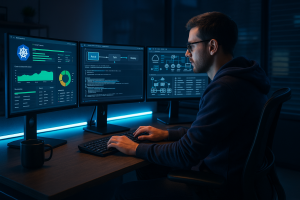DevOps engineer working with cloud infrastructure, containers, and automation tools on multiple monitors showing Kubernetes dashboards, CI/CD pipelines, and monitoring systems