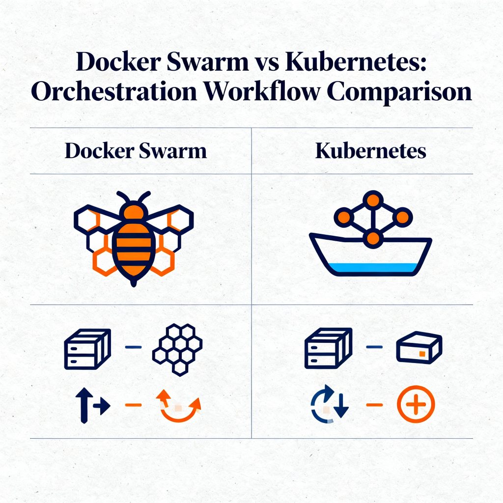 Docker Swarm and Kubernetes logos with orchestration workflow icons compared side by side
