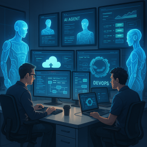 DevOps engineers using AI-powered agents to manage cloud infrastructure and enterprise workflows in a modern workspace