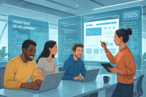 Developer team collaborating on modern front-end technologies in 2025