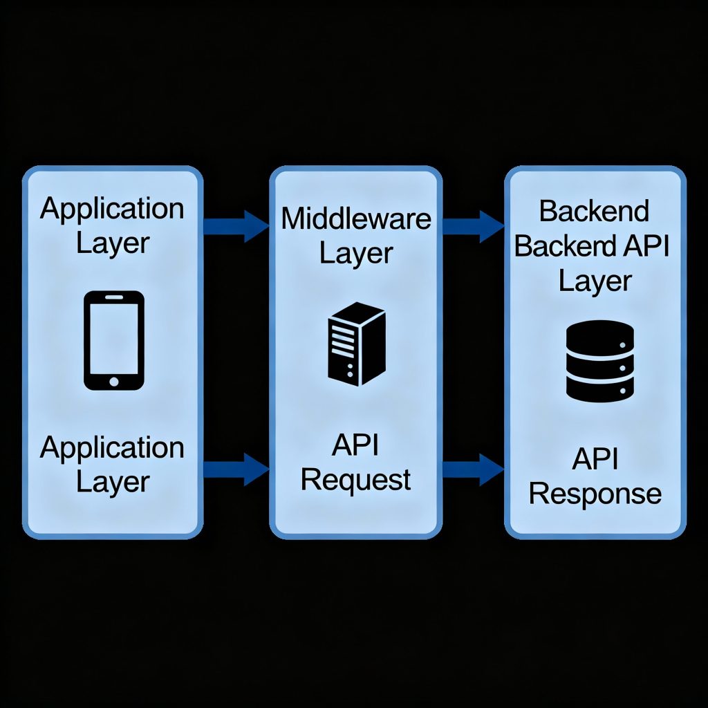 Middleware diagram showing application, backend, and API connections bridged by middleware layer
