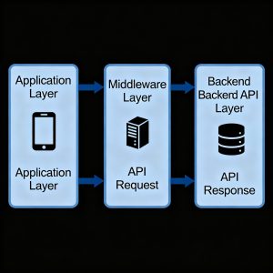 Middleware diagram showing application, backend, and API connections bridged by middleware layer