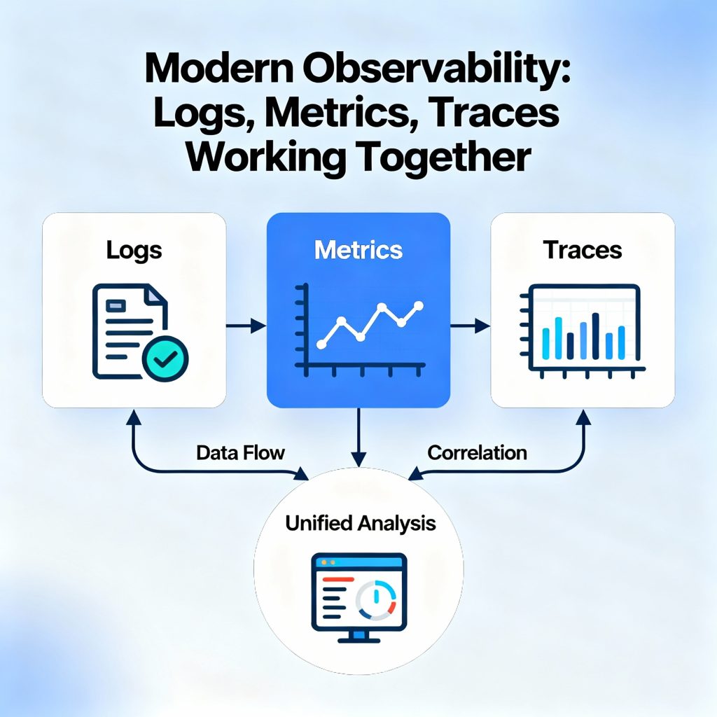 Diagram showing logs, metrics, and traces working together in modern observability