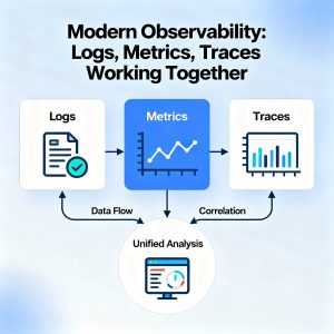 Diagram showing logs, metrics, and traces working together in modern observability