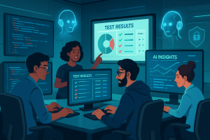 Modern QA team collaborating with AI-powered testing tools and dashboards in a secure software development environment