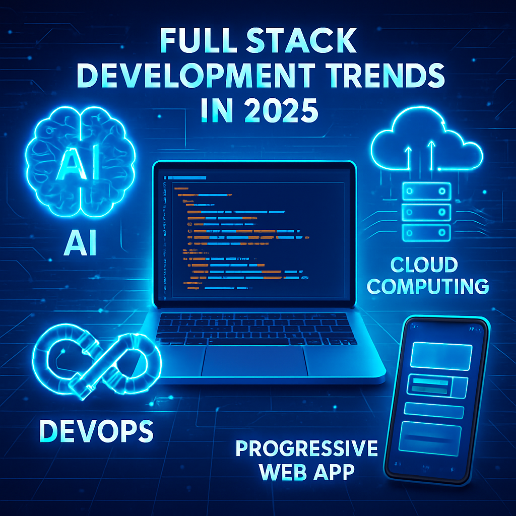 Full stack development trends in 2025 including AI, cloud computing, DevOps, and progressive web apps