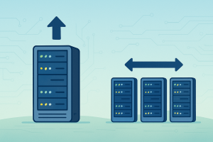 Infographic showing upgraded server for vertical scaling and multiple servers for horizontal scaling, illustrating system growth strategies