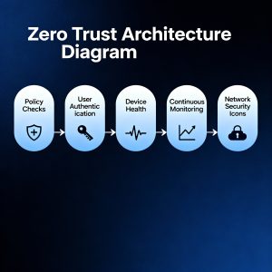 Zero Trust Architecture: policy checks, user authentication, device health, and continuous monitoring