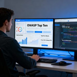 Developer securing full‑stack web application with OWASP guidelines