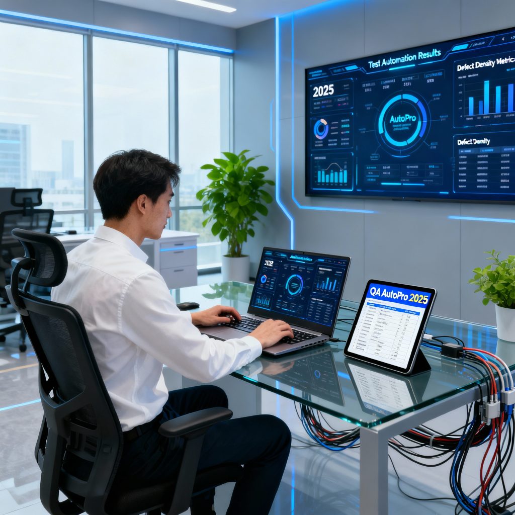 Modern software QA engineer using automation tools and dashboards for quality assurance in 2025