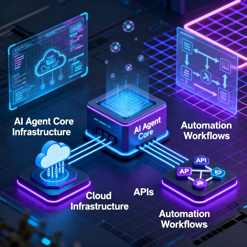 Illustration of AI agent architecture powering modern backend systems with cloud, APIs, and automation
