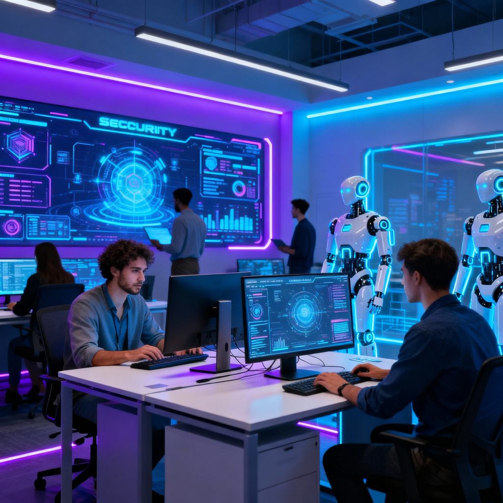 Developers working with AI agents and cybersecurity systems in modern software environments
