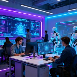 Developers working with AI agents and cybersecurity systems in modern software environments