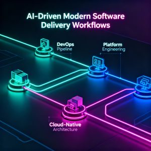 Graphic showing AI-driven DevOps, platform engineering, and cloud-native workflows in modern software delivery