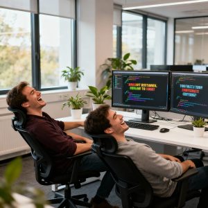 Developers laughing at coding memes on screens during a work break