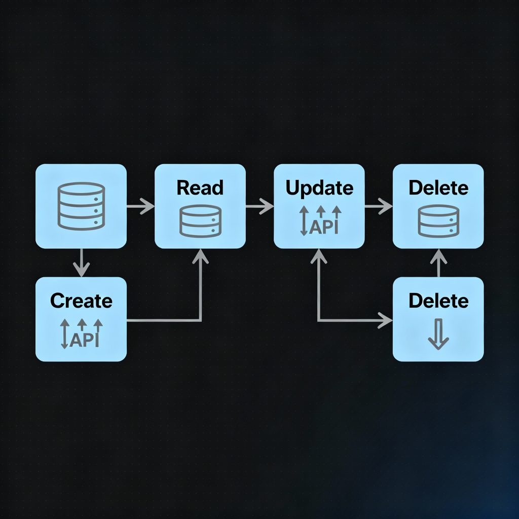CRUD operations flow showing create, read, update, and delete process across databases and APIs