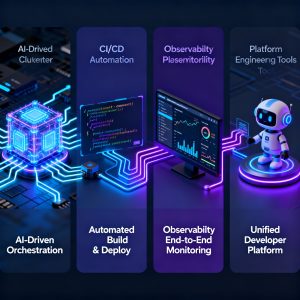 Modern DevOps workflow in 2025 showing AI-assisted Kubernetes, CI/CD pipelines, observability dashboards, and platform engineering concepts with glowing circuit-like connections