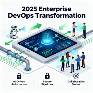 Illustration of enterprise DevOps transformation in 2025, featuring AI-driven automation, secure pipelines, and collaborative teams