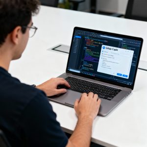 Frontend developer testing GitHub Copilot AI coding tool on laptop