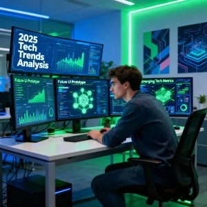 Full-stack developer analyzing 2025 tech trends on multiple screens