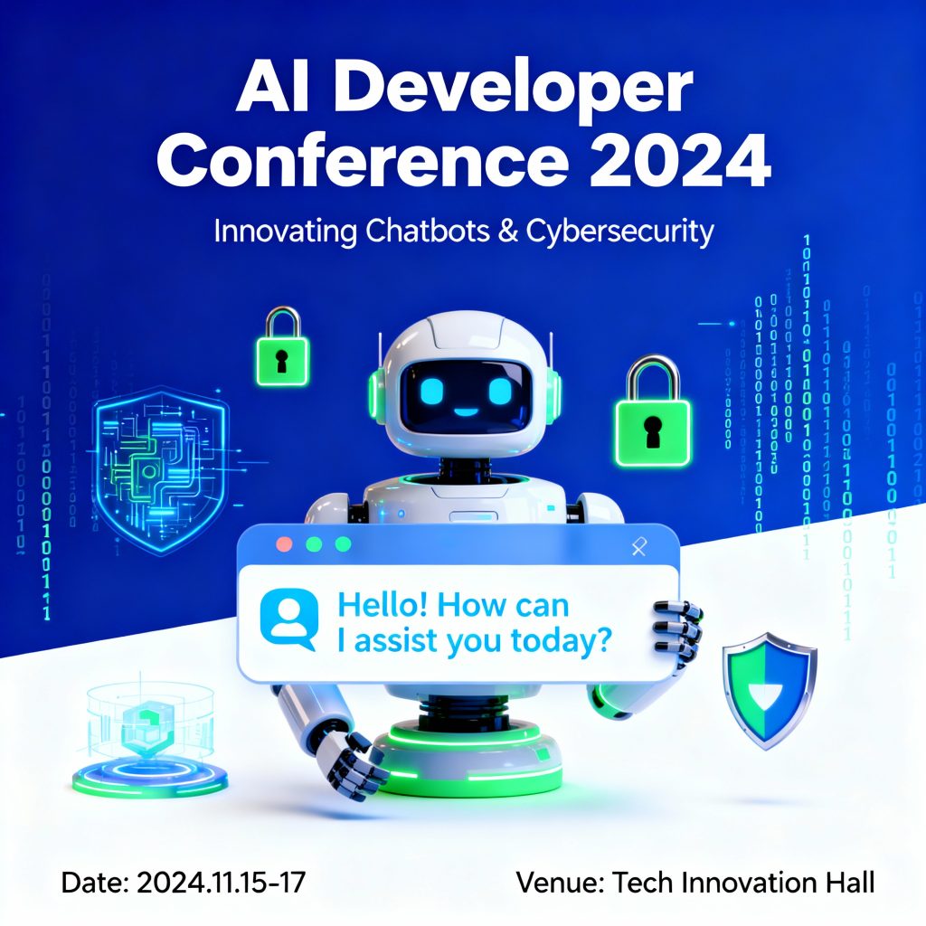 AI developer conference with chatbot interface and cybersecurity visuals