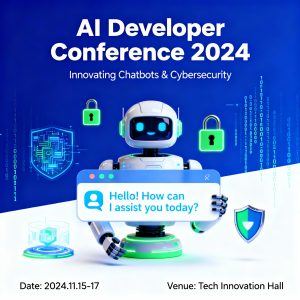 AI developer conference with chatbot interface and cybersecurity visuals