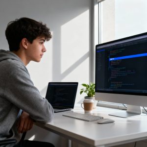 A junior developer debugging broken code on screen