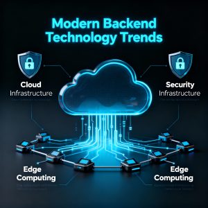 Visual representation of modern backend technology trends including cloud infrastructure, security, and edge computing