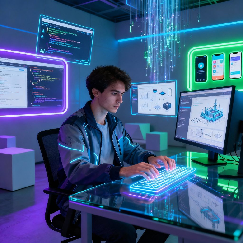 Modern software developer working across AI, web, mobile, and infrastructure stacks in a high-tech environment