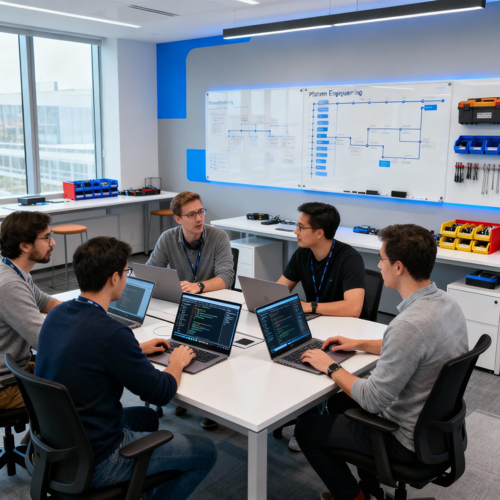 Modern platform engineering team collaborating to deliver developer-friendly tools in a product-centric environment