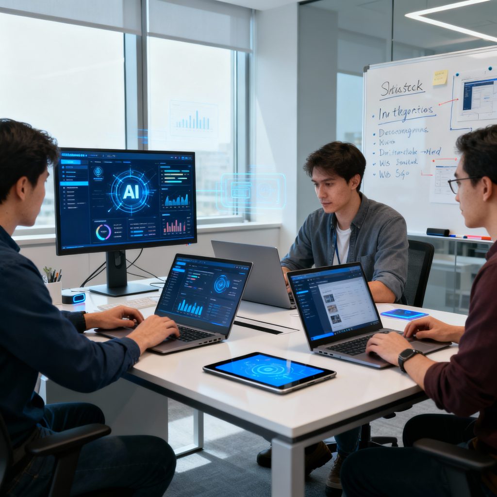 Developers collaborating on fullstack projects featuring AI integration, dashboards, and innovative web platforms