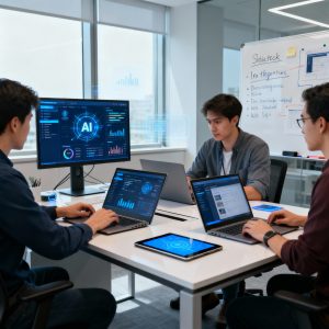 Developers collaborating on fullstack projects featuring AI integration, dashboards, and innovative web platforms