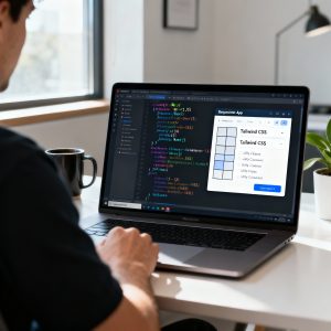 Developer building responsive web app using Next.js and Tailwind CSS