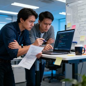 Developers analyzing AI-generated code with visible skepticism in a tech workspace
