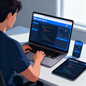 User coding with Claude Code AI on browser and mobile devices