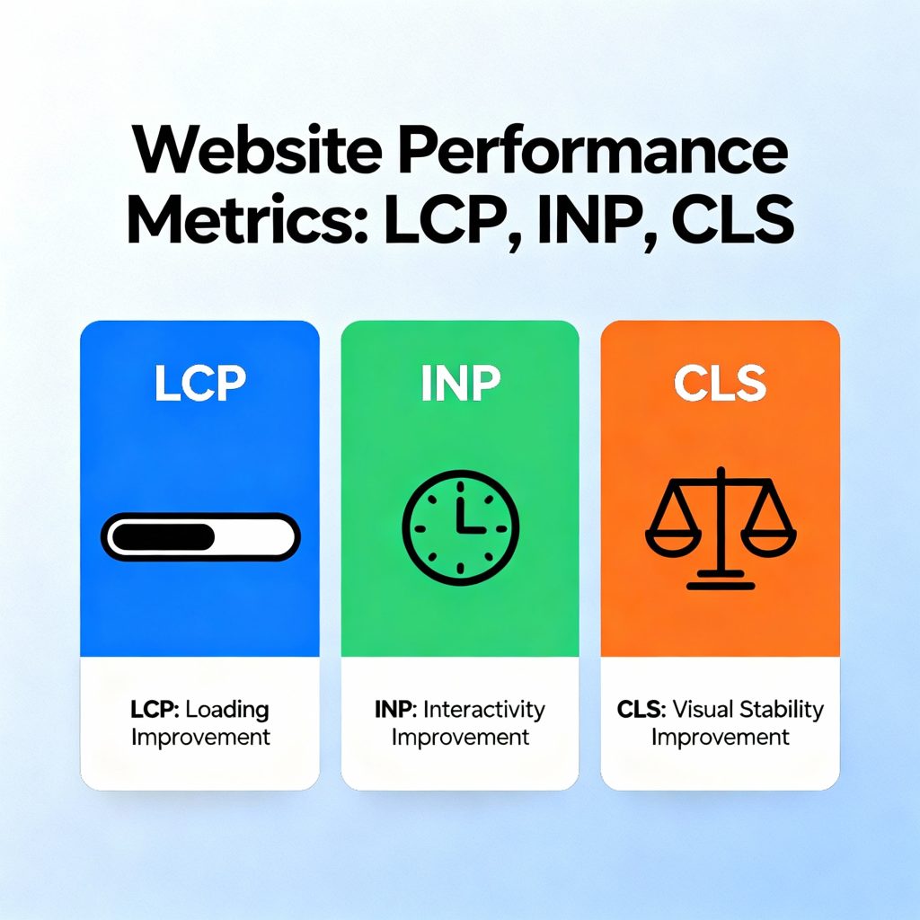 Illustration showing LCP, INP, and CLS metrics improving website loading speed, interactivity, and visual stability