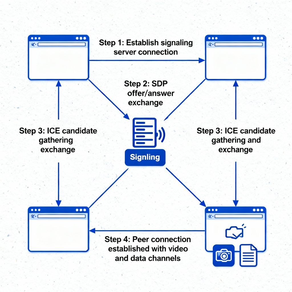 Diagram showing WebRTC peer-to-peer connection flow between browsers for real-time video and data communication