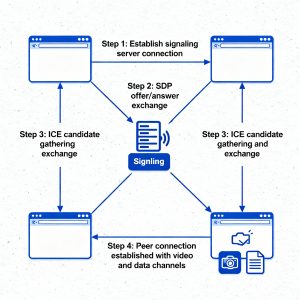 Diagram showing WebRTC peer-to-peer connection flow between browsers for real-time video and data communication