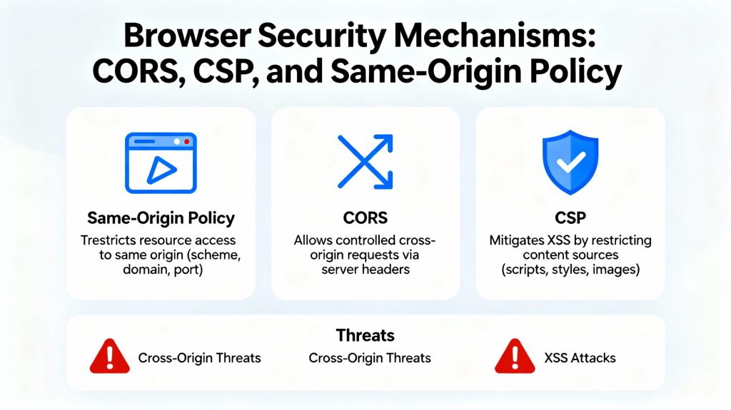 Diagram showing browser enforcing CORS, CSP, and Same-Origin Policy to protect site data from cross-origin threats and XSS attacks