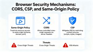 Diagram showing browser enforcing CORS, CSP, and Same-Origin Policy to protect site data from cross-origin threats and XSS attacks