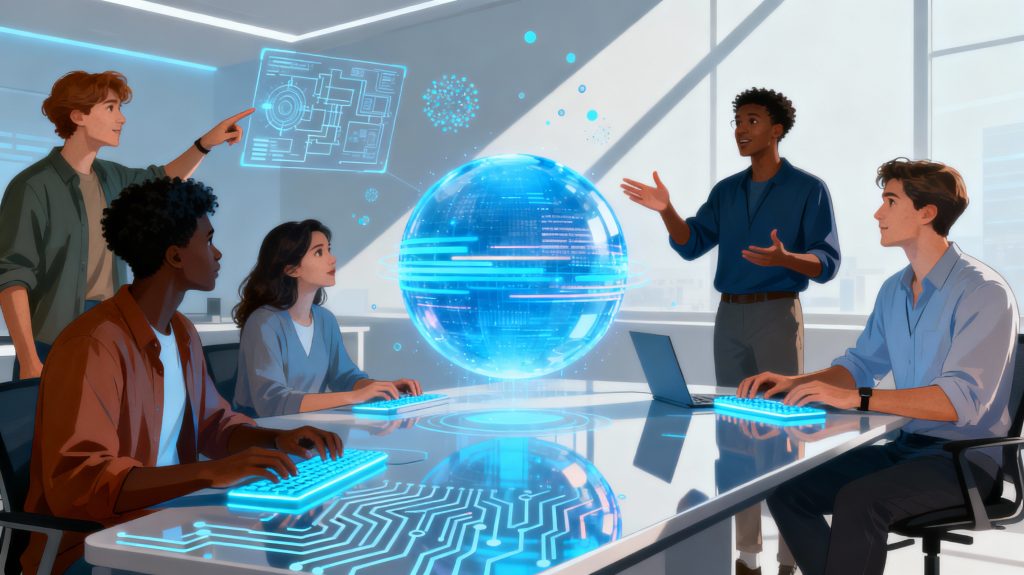 generate an image with NO text Technologists collaborating with AI systems to build innovative solutions