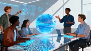 generate an image with NO text Technologists collaborating with AI systems to build innovative solutions