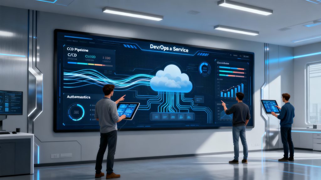 Engineers using a DevOps as a Service dashboard for CI/CD and cloud automation