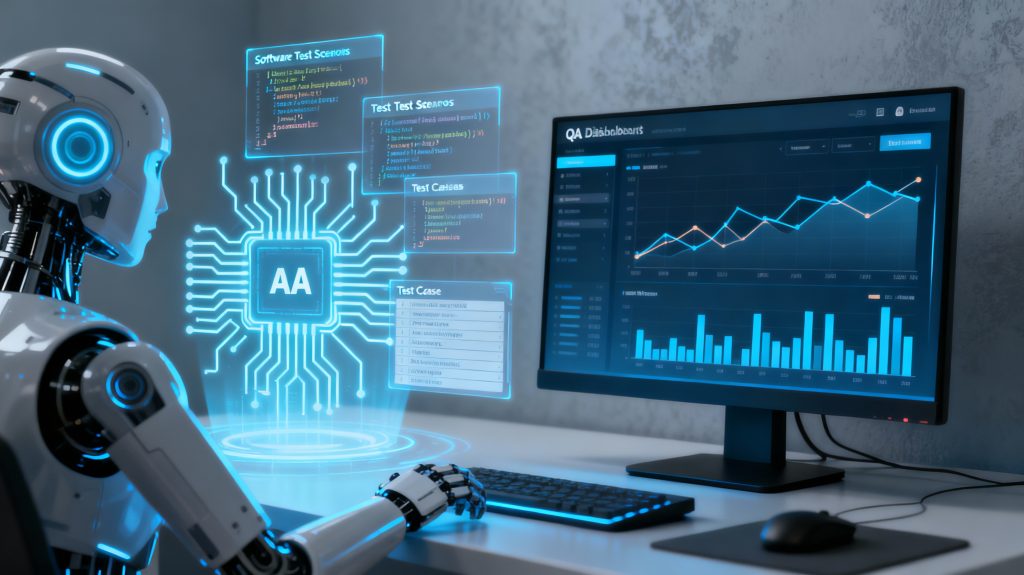 AI assistant generating software test scenarios with QA dashboards