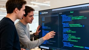 Cloud architects comparing serverless and microservices strategies on a digital whiteboard, no text ClickHouse engineers reviewing C++ and Rust code integration strategies on a collaborative screen